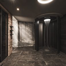 Zona spa nell'Chalet Seceda di Cortina Hospitality, un luogo di serenità e benessere con design raffinato e accogliente.
